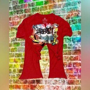 Akademiks Grafitti Tshirt Ripped NWOT Tied Front Red Size L Women’s Curtain Back